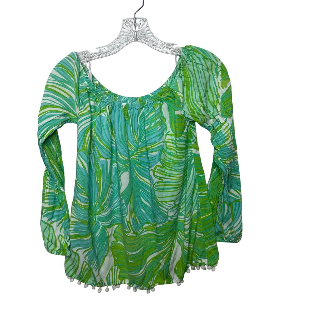 Lilly Pulitzer Green Palm Print Long Sleeve Tunic Top XS/S Pom Pom Hem‎ Tropical